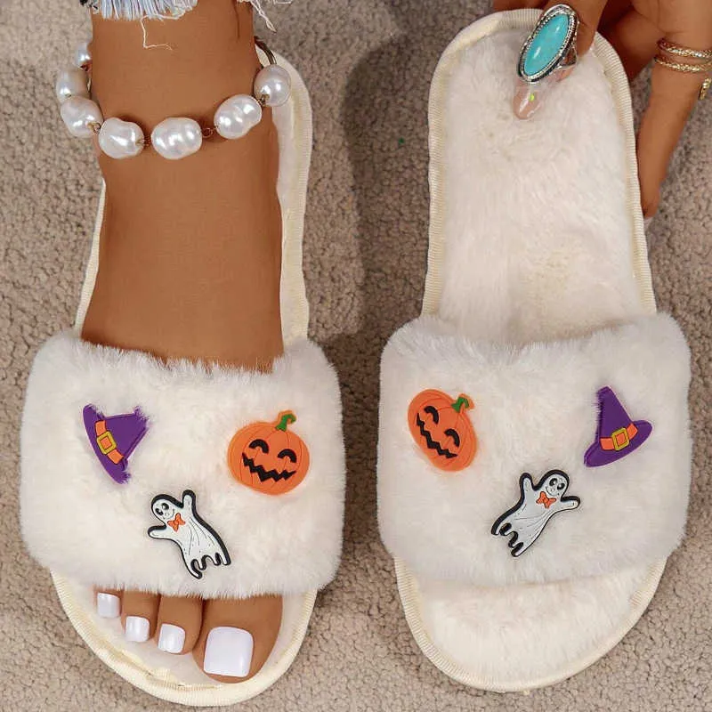 Slippers Halloween Decor DIY Design Women Home Slippers Solid Color Open Toe Indoor Winter Flat Non-slip Leisure Interior Female Shoe X0905