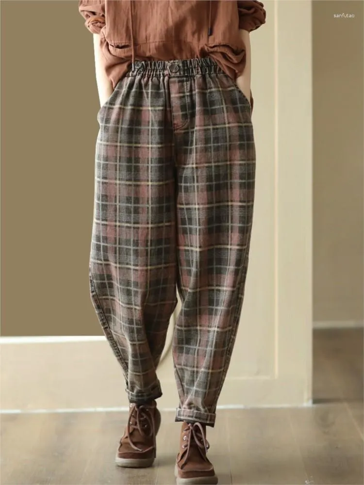 Jeans pour femmes rétro femmes imprimer plaid 2023 automne hiver décontracté taille élastique lâche épissé denim sarouel pantalon vintage