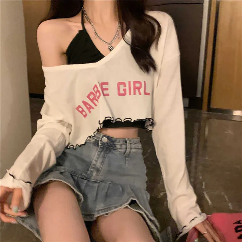 Deeptown Y2k кокетливые футболки женские корейские модные с буквенным принтом комплект из 2 предметов укороченный топ пикантная уличная футболка с открытыми плечами женская