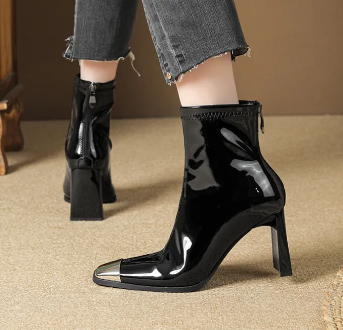 Metalowe splicing masywne obcasy wiosna i jesienne pojedyncze buty dla kobiet elastyczne francuskie francuskie małe nagi buty kwadratowe buty kostki