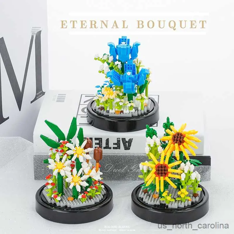 Blocos de flores em vaso blocos de construção modelo rosa crisântemo buquê jardins romântico diy montagem brinquedos meninas presentes r230907