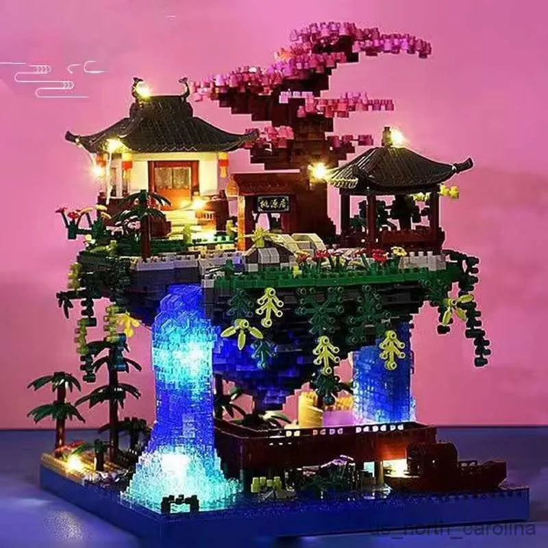 Blocks Suzhou Garden Temple Pavilion Waterfall LED Light Diamond Blocks Model Toy For Kids toys R230907