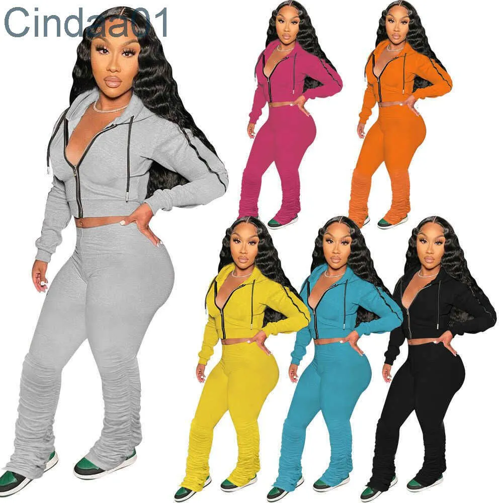 Fall Sportswear Woman Tracksuits Fashion Zipper Hooded Sweater Crop Top Stacked Pants Suit Sports Outfits 2 Pieces Set XXL