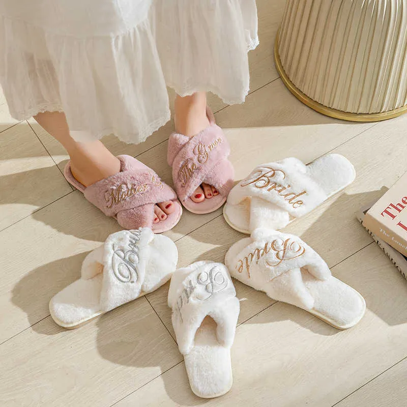 Pantoufles Personnaliser Custom Slipper Bride Pantoufles Hen Party Favor Mariée Demoiselle D'honneur Pantoufles Ensemble Femme Mariage Équipe Mariée Slipper X0905