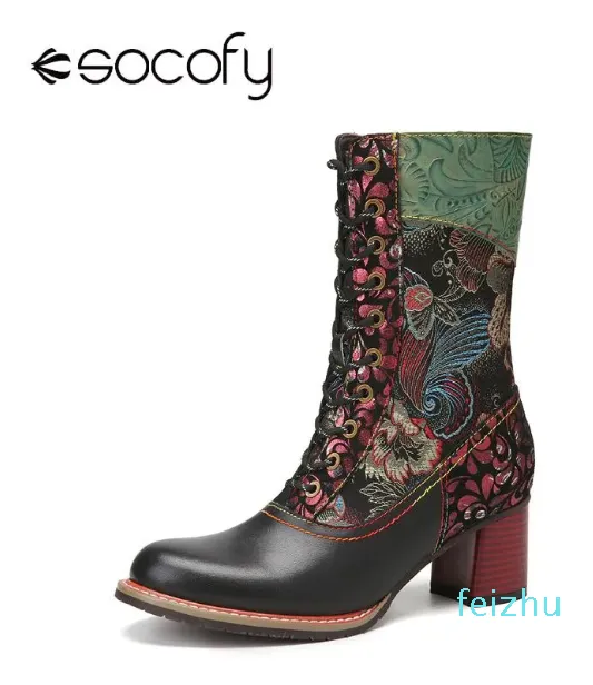 Women Retro Style Floral Cloth Ing Comfy Round Toe Leather Warm Wearable Chunky Heel Side Zipper Short Boots