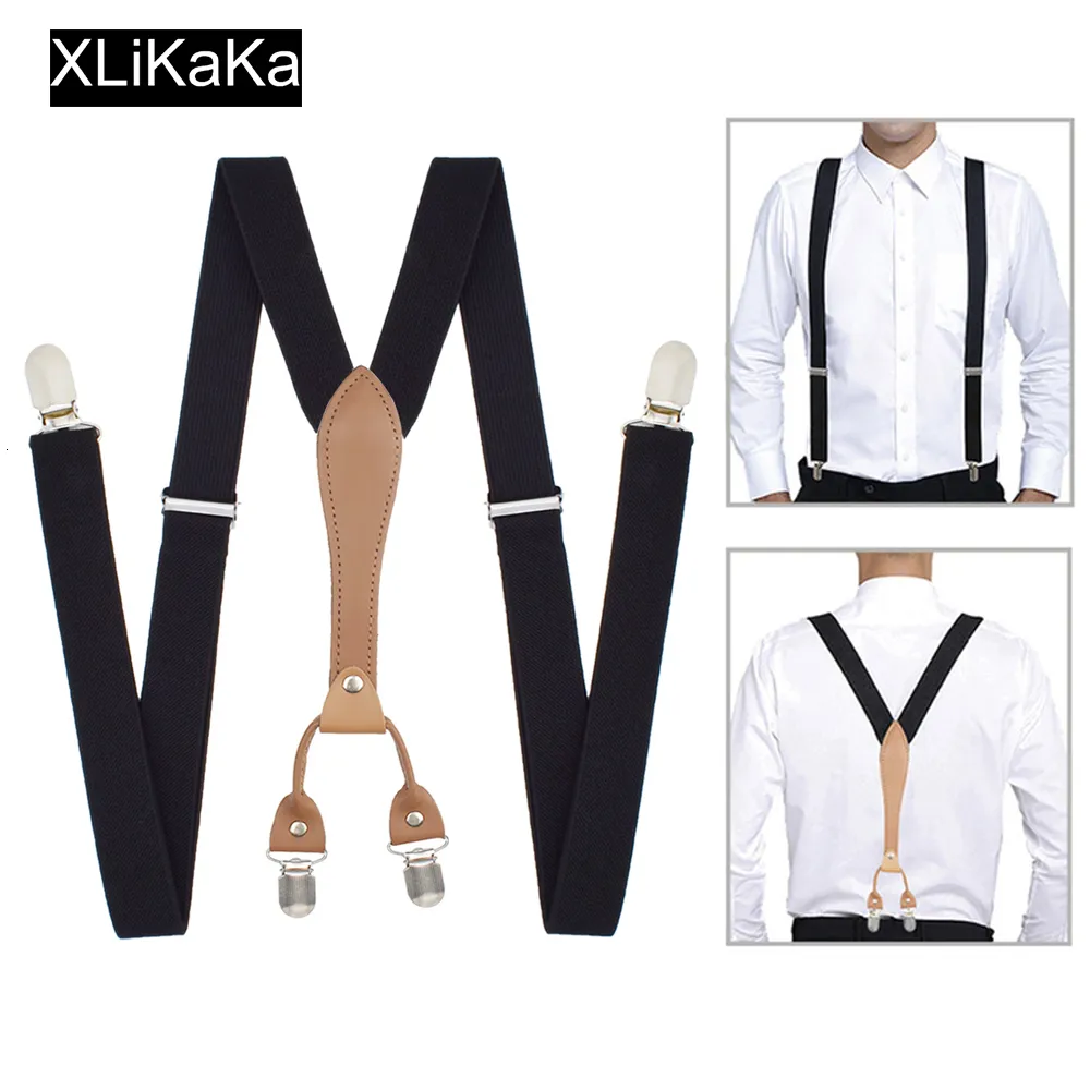 Suspenders Men Black Suspenders Belt with Leather Polyester Elastic Clipon Braces 230907