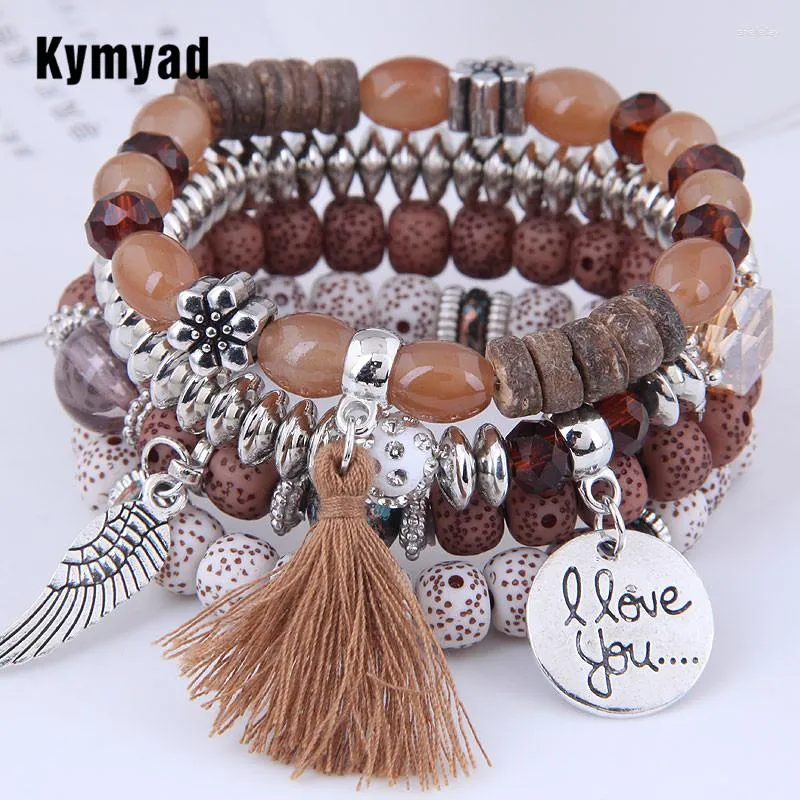 Bracelets de charme Kymyad Bohème Mode Marron Résine Pierre Pour Femmes Argent Couleur Gland Coin Charme Bracelet Femme Perles Pulseras