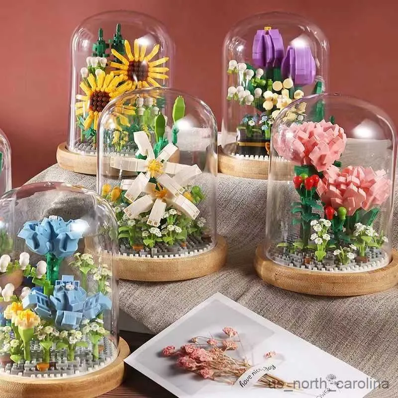 Blocks Sunflower In Glass Cove Dome Rose Bouquet Building Blocks DIY Artificial Assembly Flowers for Christmas Valentine's Day Gifts R230907