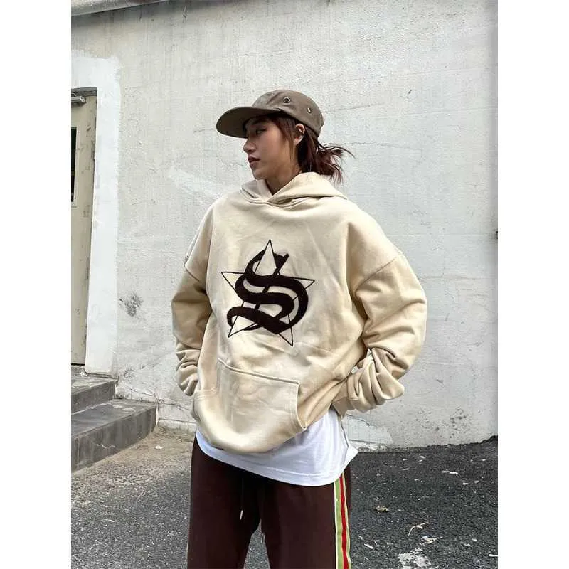 DeepTown Y2K Streetwear Star Graphic Hoodie Woman American Retro Khaki Oversize Bluza Hip Hop Casual Long Sleeve Top Female