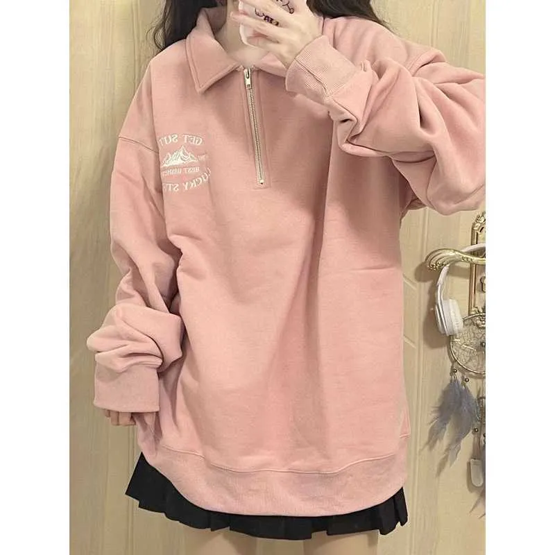 Deeptown Koreaanse Mode Kawaii Roze Brief Print Sweatshirt Vrouwen Harajuku Preppy Stijl Oversize Hoodie Casual Lange Mouw Tops