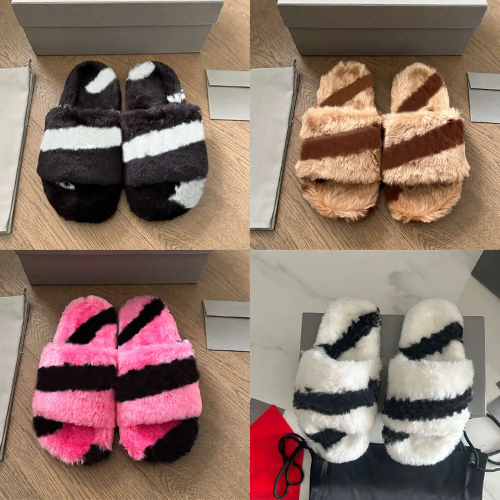 Designer Fur Slippers Women Winter Slides Flat Wool Sandals Warm Comfortable Shoes With Box Size 35-41 NO468