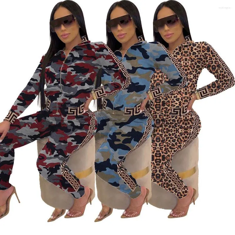 Men's Sleepwear 470901003European And American Women's Camouflage Leopard Print Casual Zipper Coat Two-piece Set