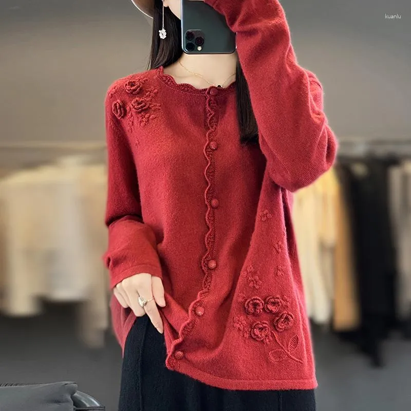 Women's Sweaters Heavyweight Handmade Embroidered Lace Collar Design Wool Knitted Cardigan Outer Layer With Solid Cashmere Loose Coat