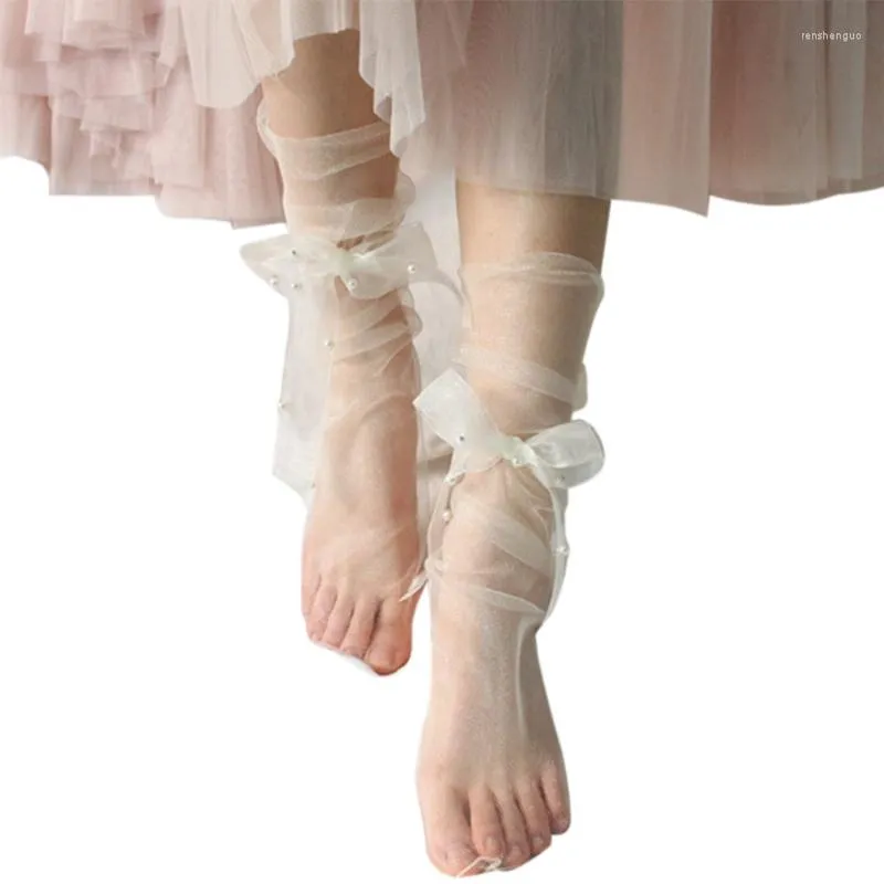 Women Socks Ultra-Thin Sheer Slouchy Ankle Ribbon Bow Pearl Mesh Tulle Stockings