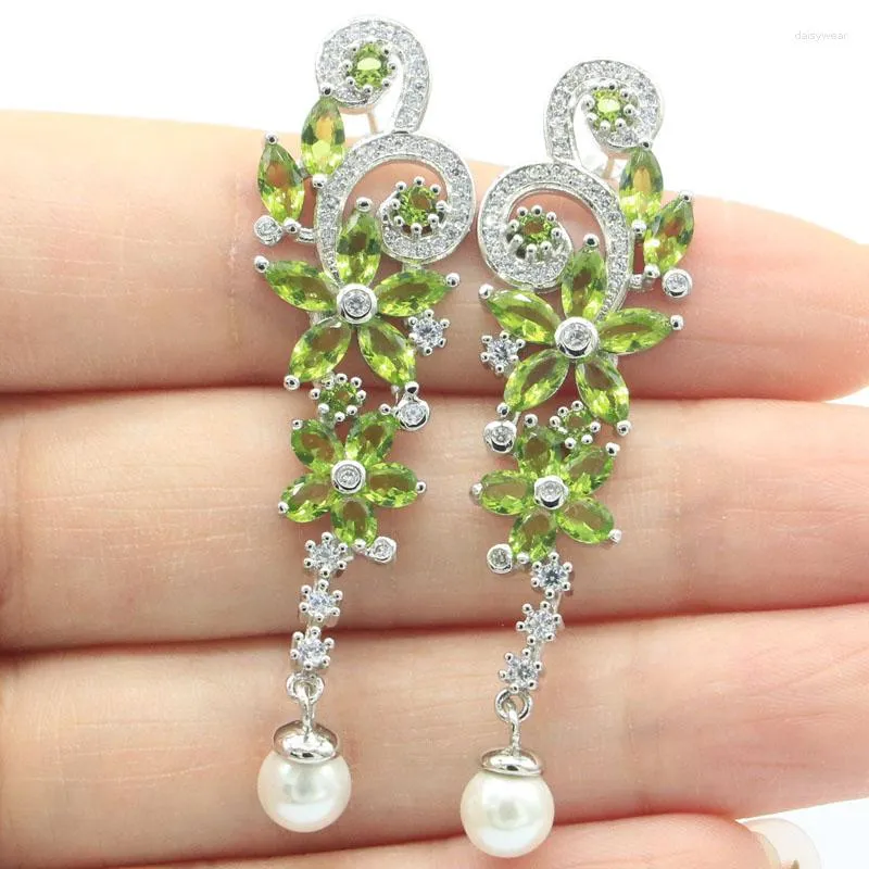 Boucles d'oreilles pendantes 55x15mm, papillon vert péridot blanc perle Smokey topaze CZ argent pour femmes, bijoux à la mode, rencontres pour filles