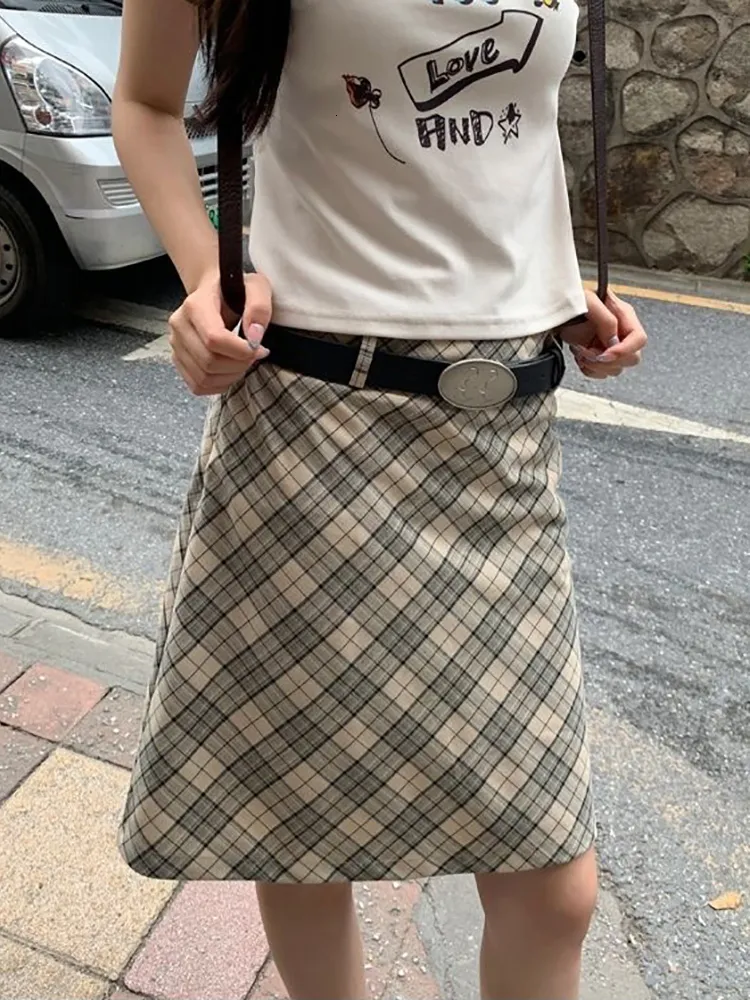 Skirts Vintage Plaid Midi Skirt Women Fashion 90s Aesthetic High Waist Knee length A line Tube Y2k Korean Streetwear 230906