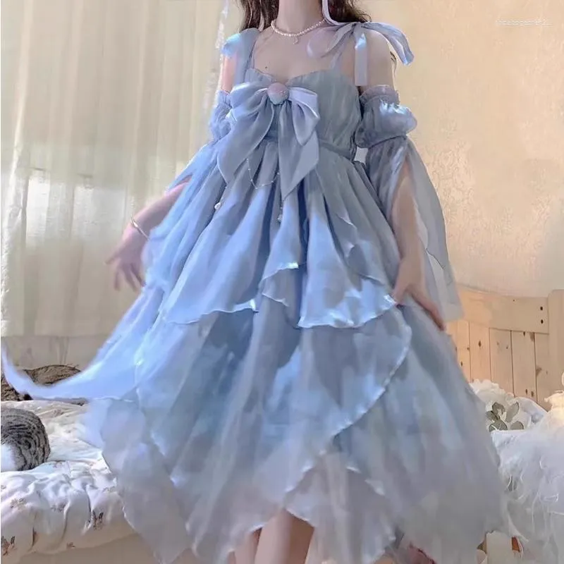 Casual Dresses Blue Lolita Sweet Lovely Fairy Halloween Carnival Party Costume Princess Dress 2023 Summer Bowtie Fluffy Strap Vestidos