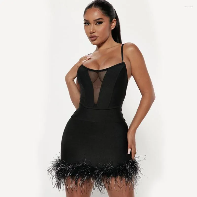 Work Dresses 2023 Summer Women Sexy Black Sleeveless Mesh Sling Feather Bodycon Bandage Mini Skirt Elegant Party 2 Two-piece Set Vesidos