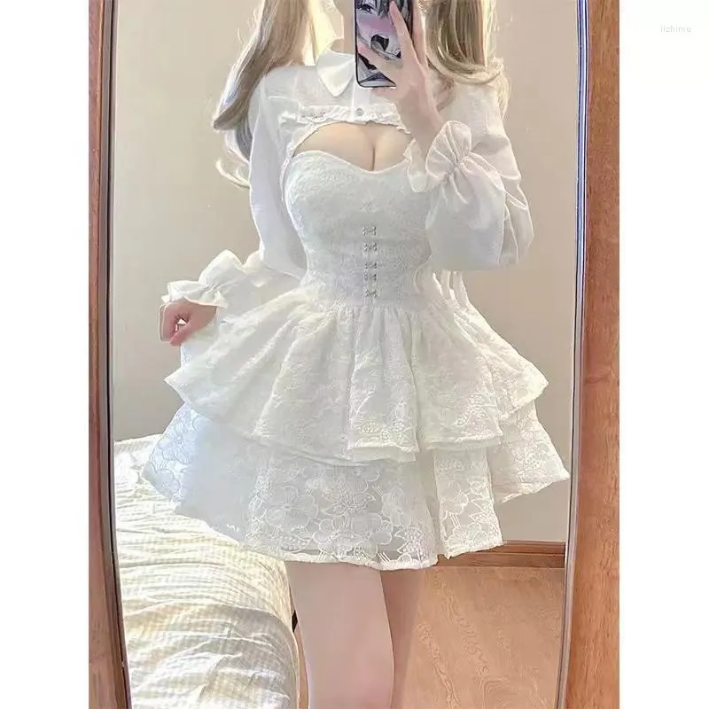 Work Dresses Girl Lace White Kawaii Lolita Dress Set Woman Ruffl Long Sleeve Fairy Straps Birthday Party Quinceanera Suits