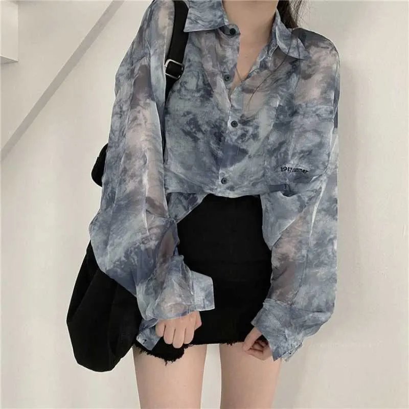 Deeptown vintage oversize tie-dye blusa feminina estilo coreano streetwear protetor solar camisas de manga longa 90s topos estéticos feminino
