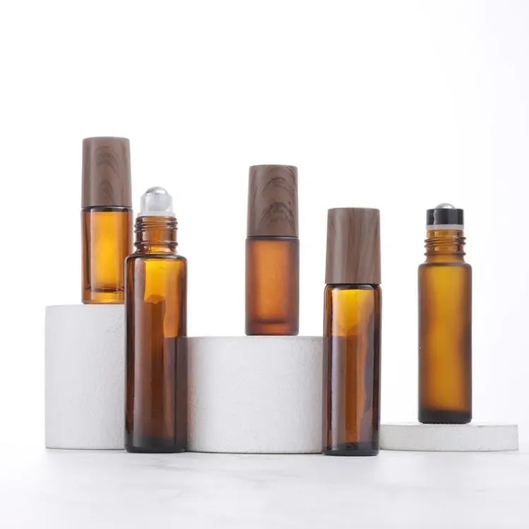 5ml 10ml 15ml Frosted Amber Glass Roll On Bottle With Metal Ball Thin Glass Roller  Oil Vials Bamboo Cap Jars SN4527