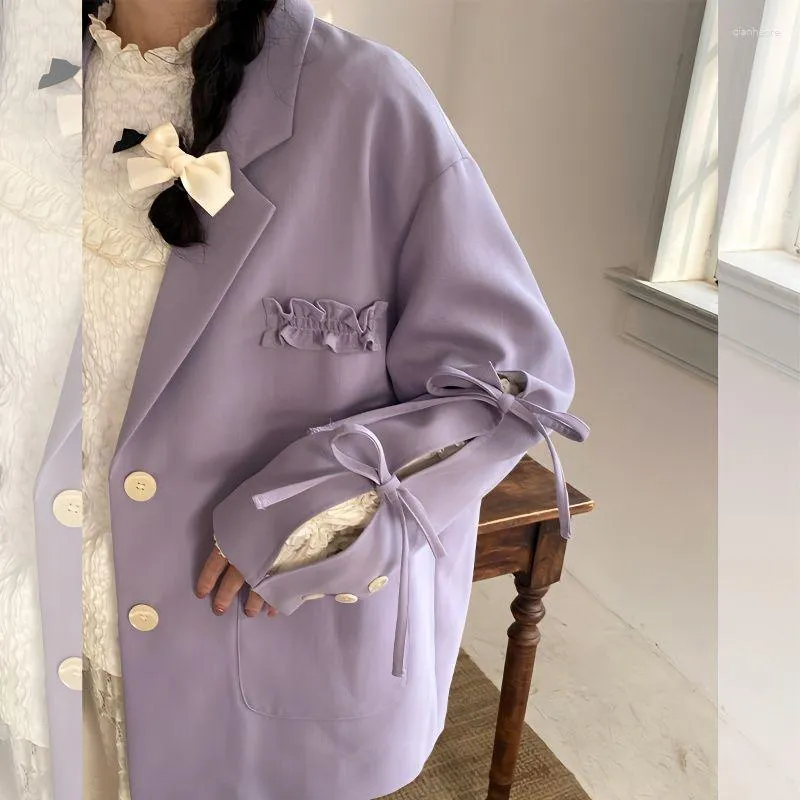 Vintage Korean Style Womens Tweed Jackets With Bow Knot Lace Up