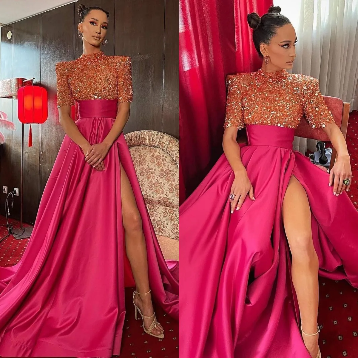 Rosy Pink A Line Prom Dresses paljetter High Neck Evening Dress Sweep Train Formell Split Ruffle Long Special Ocn Party Dress