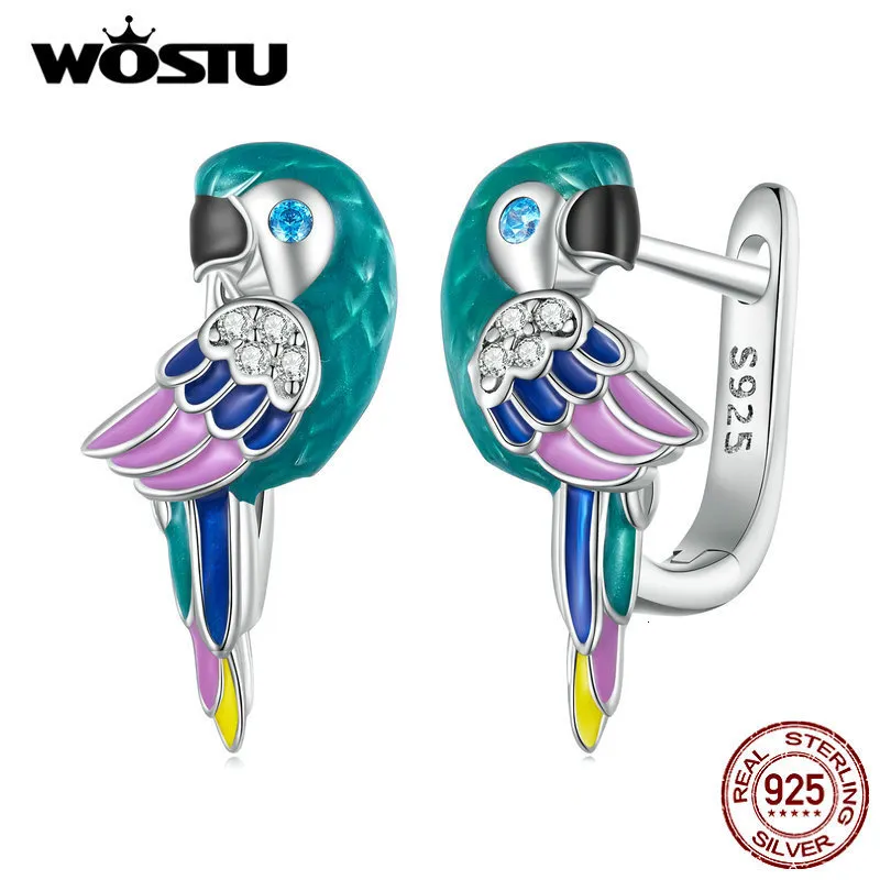 Hoop Huggie Wostu 925 Sterling Silver Rainbow Parrot Hoop örhängen för kvinnor Söta husdjur Bird CZ Ear Clips Girl Bithday Jewelry Family Gift 230907