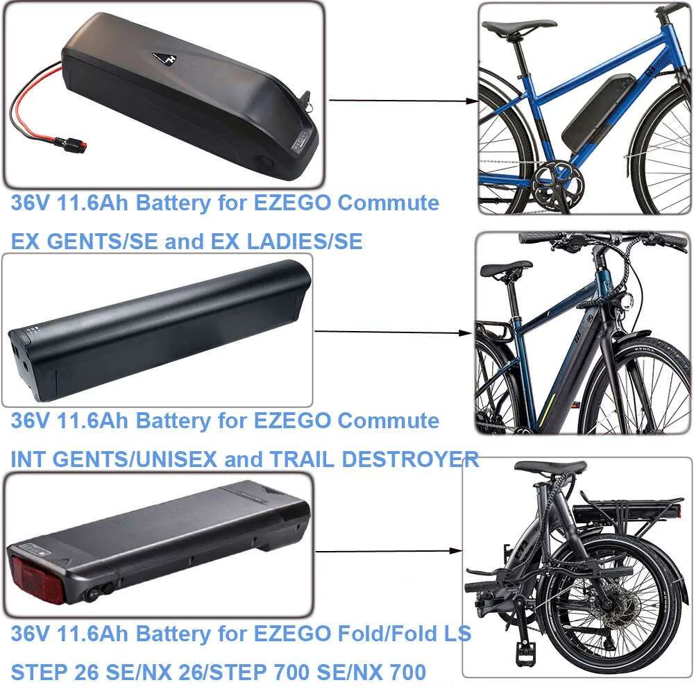 Batteria rimovibile per tubo obliquo del portapacchi posteriore Ebike 36V 10.4Ah 11.6Ah 14Ah EZEGO Commute EX INT GENTS LADIES SE FOLD LS STEP 26 700