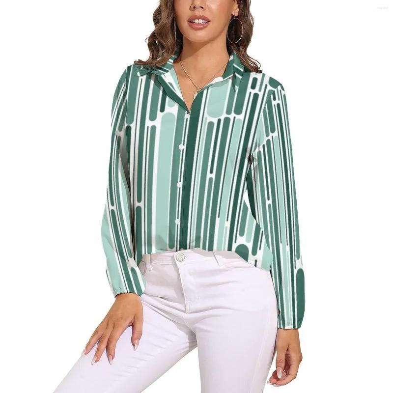 Blusas femininas retro 70s linha verde blusa de manga longa abstrata geométrica na moda das mulheres street wear camisa de grandes dimensões design topos presente