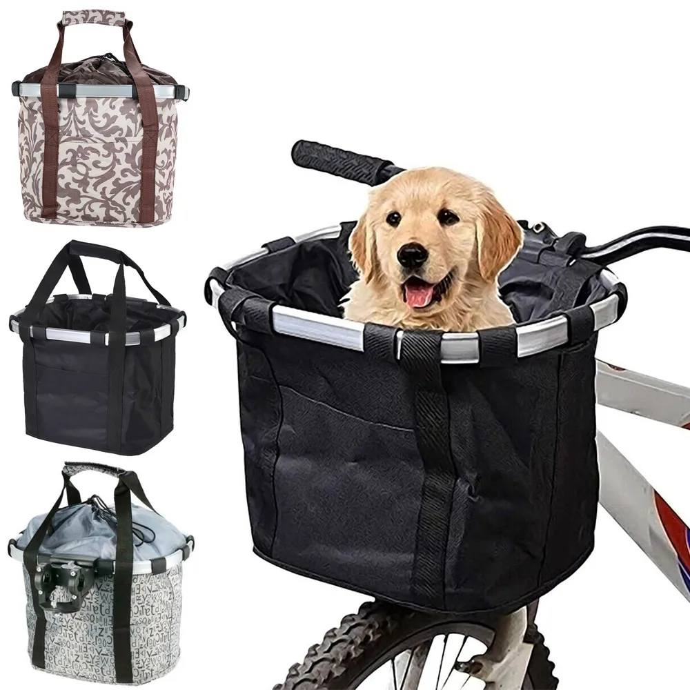 Panniers Bags Bicycle Front Basket Bike Small Pet Dog Carry Pouch 2in1 Detachable MTB Cycling Handlebar Tube Hanging Fold Pannier Bag 5KG Load 230907