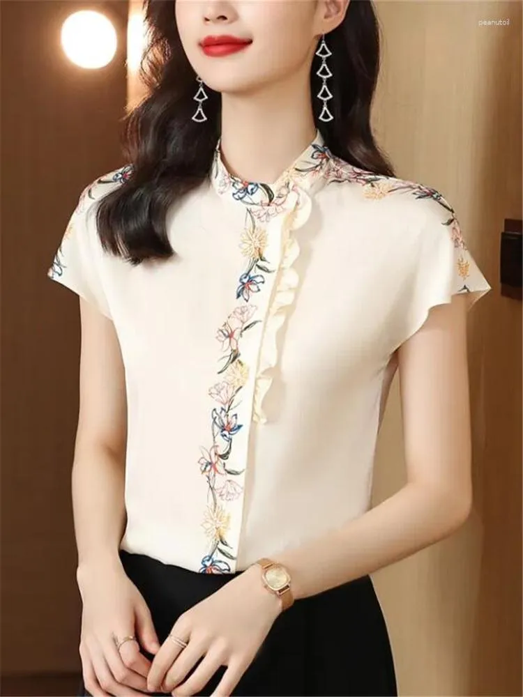 Women's Blouses Silk Short Sleeve For Women Summer Tops Fashion Retro Printed Top Woman Shirt OL Simple Button Ruffle Female Blous