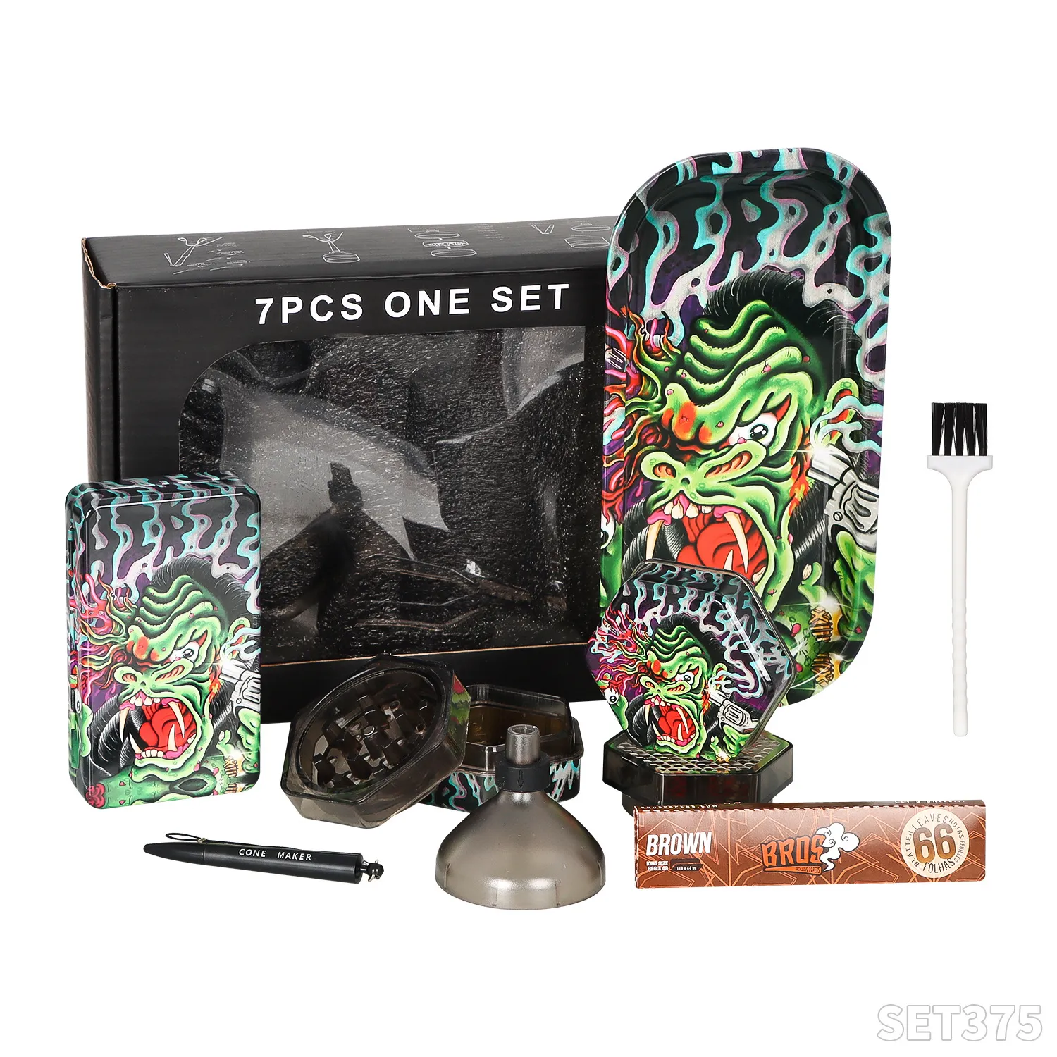 담배 가방 세트 왁스 용기 금속 재료 분쇄기 연기 팬 담배 펜 및 브러시 7 피스 세트