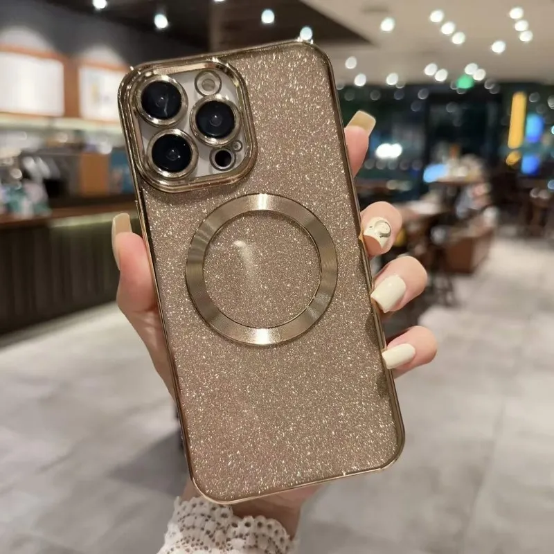 Luxury Magnetic Phone Cases For Iphone 15 14 Pro Max Plus 13 12 11 Paper Bling Glitter Metallic Sparkly Sparkle Plating Soft TPU Fine Hole Camera Lens Protectors Cover