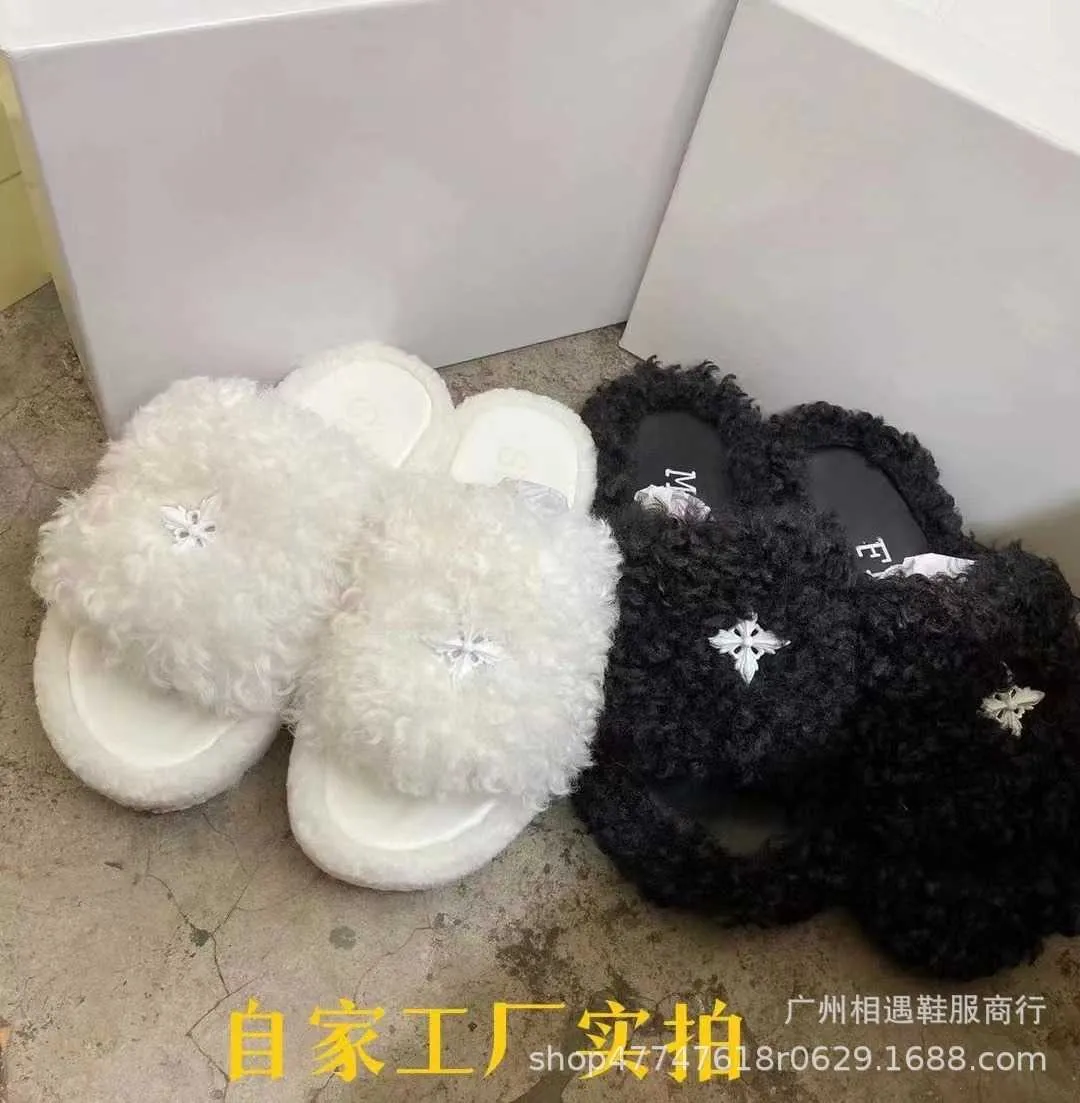 Fluffy drag cross woolen slippers women's black platform comfortable warm flip-flops