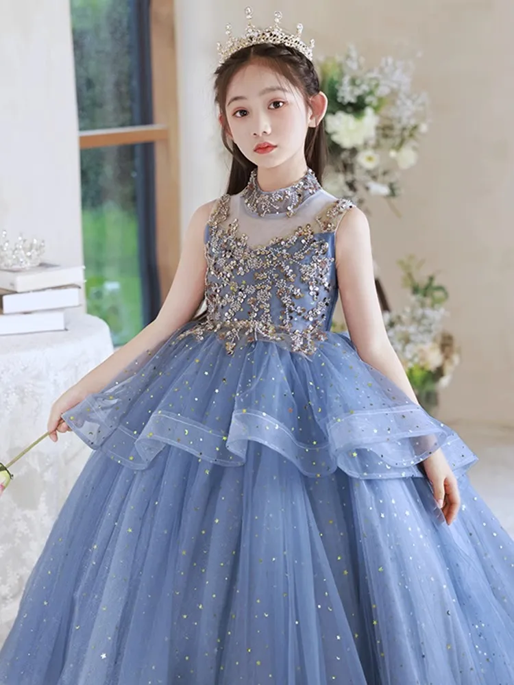 Glänsande bollklänning Flower Girl Dresses For Wedding Pärledspets Appliced ​​Toddler Bling Prom Girls Pageant Dress Kids Communion Gowns 403