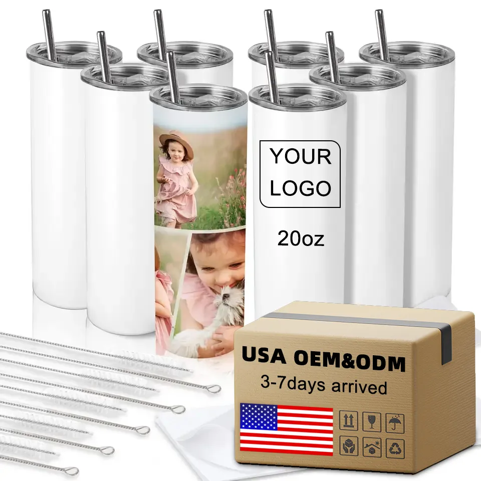 USA/CA Wholesale Bulk 20OZ Sublimation Blanks Tumblers White Skinny Straight Insulated Stainless Steel Mug With Lid And Straw