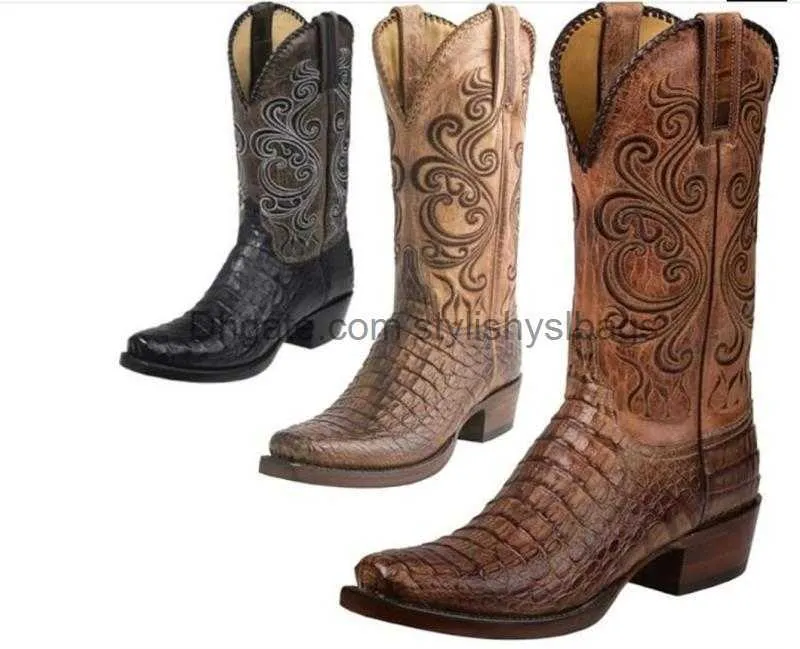 Stövlar stövlar 3 färg mode män kvinnor retro broderade cowboy stövlar pu western fyrkantiga tå stövlar plus storlek 34-48 011923H