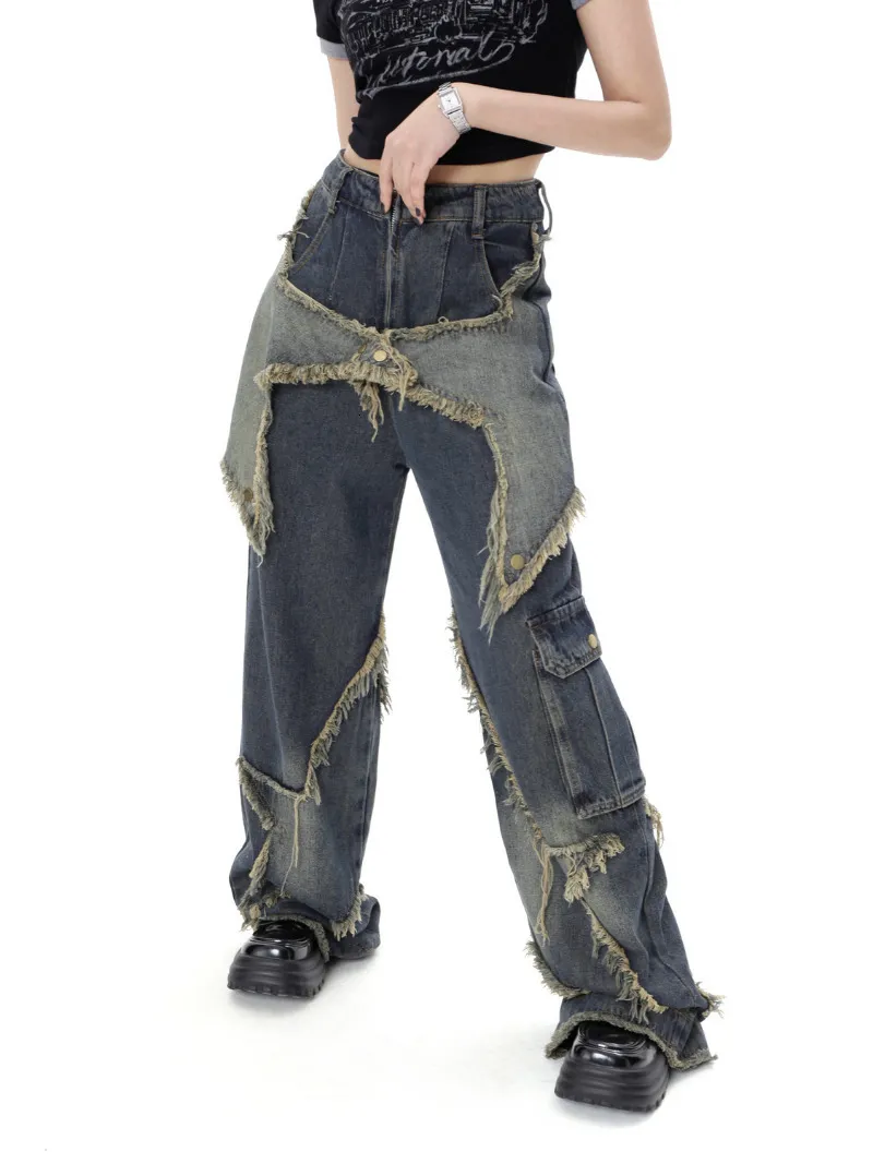 Women's Jeans women star stitching tassel pants American retro high street jeans loose wide leg pants trendy punk y2k pants 230907