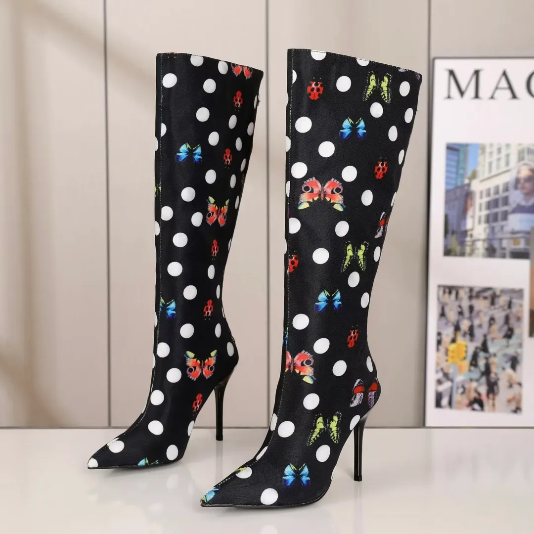 Роскошные брендовые женские высокие рыцарские сапоги до бедра, уличная обувь на высоком каблуке 10,5 см с принтом на молнии, размер 35-42