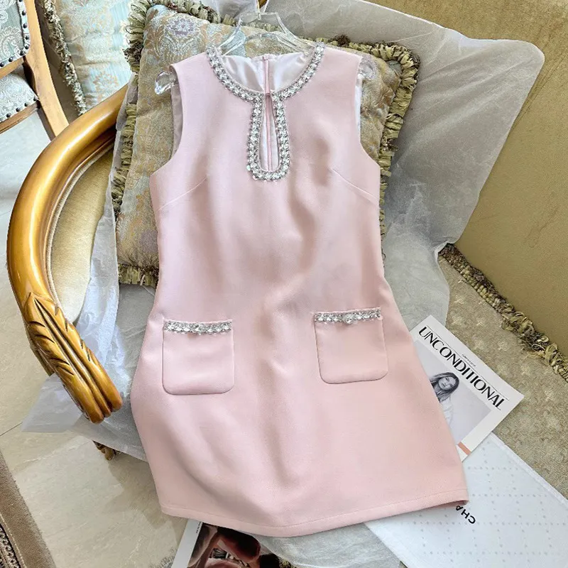 2023 Summer Pink Solid Color Dress Sleeveless Round Neck RhinestoneKnee-Length Casual Dresses S3S01M209