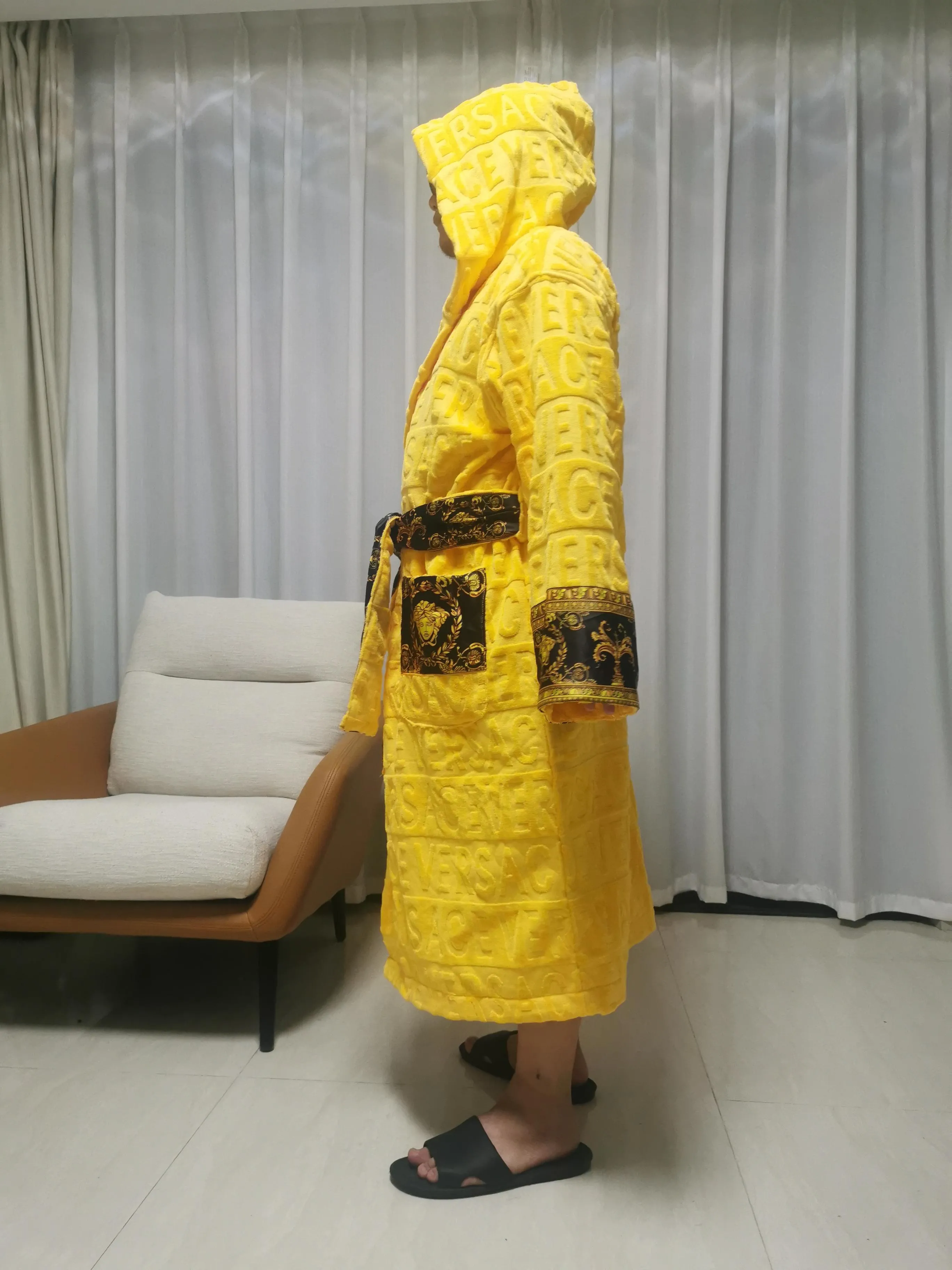 Hem Bath Robe Ins Letter Print Jacquard Sleepwear Yellow Soft Touch Casual Robes Hotel Nightgown