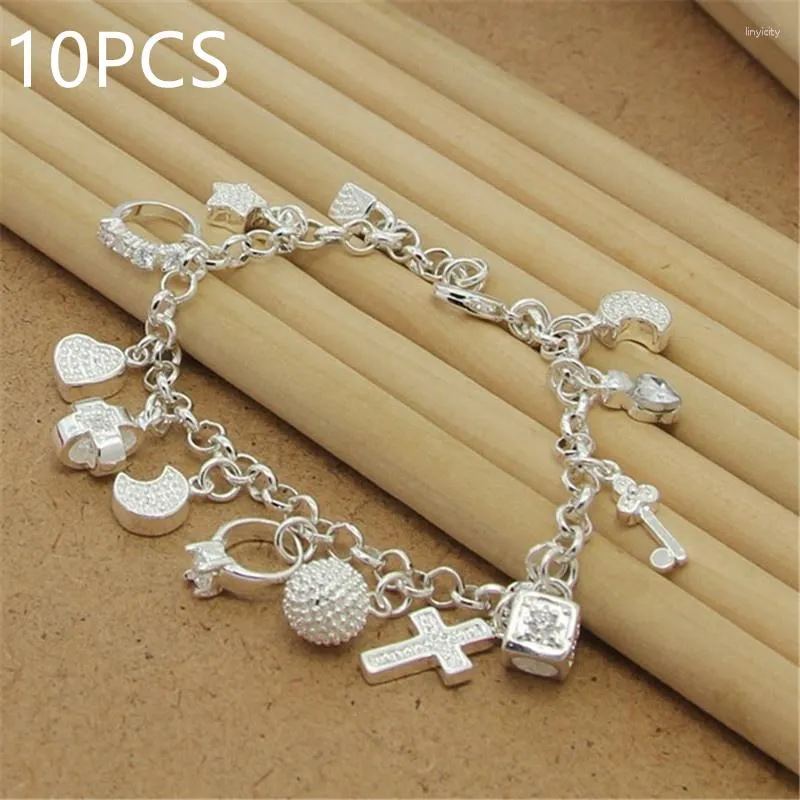 Charm Armbänder Großhandel 10PC / 925 Sterling Silber Farbe Armband mit mehreren Anhängern Zirkon für Damen Party Schmuck Geschenk