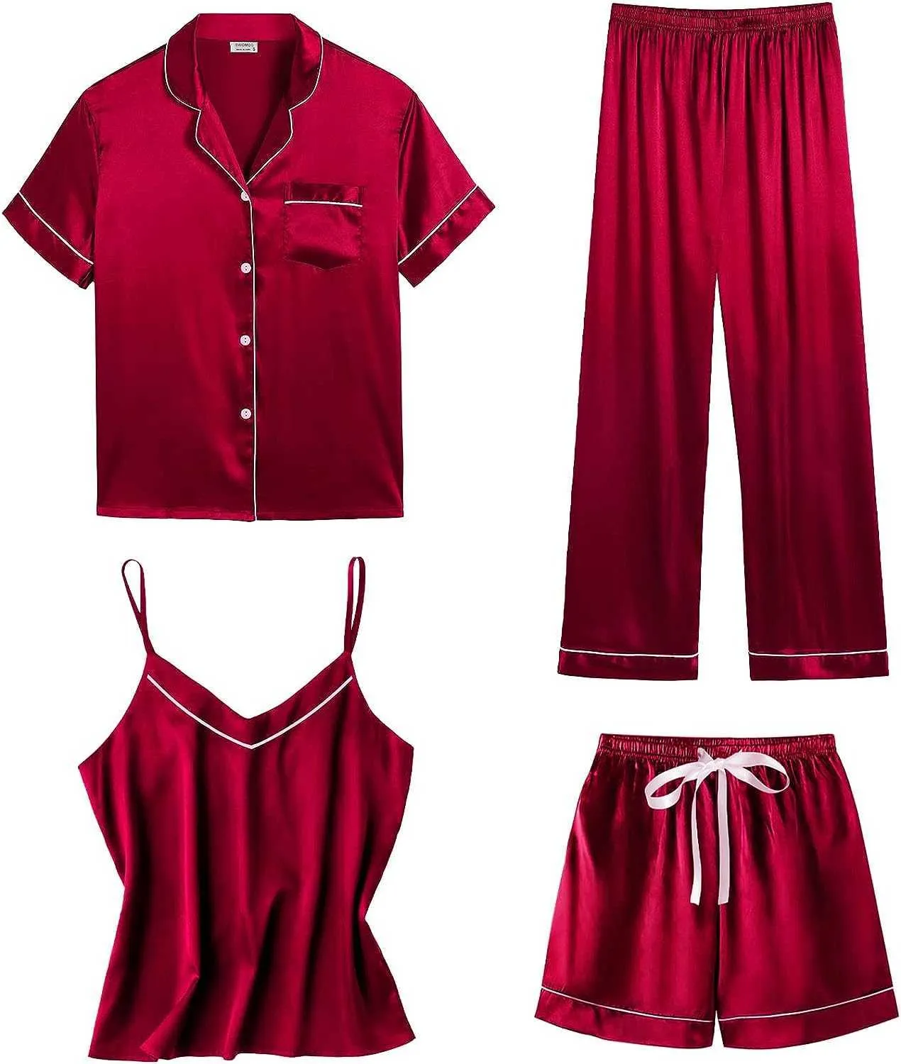 Sexig pyjamas Swomog Kvinnors 4-delade pyjama Set Short Sleeve Suspended Tank Top med Button Shirt Pajamas Silk Satin Pyjama Home Furnishinglf230908