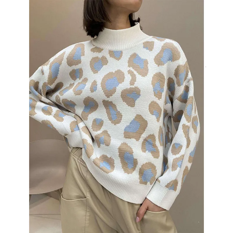 Kvinnors tröjor Autumn Winter Sticked Loose Oversize Ströja Kvinnlig Leopardtryck Animal Pullover Tops O Neck Streetwear Female 230907