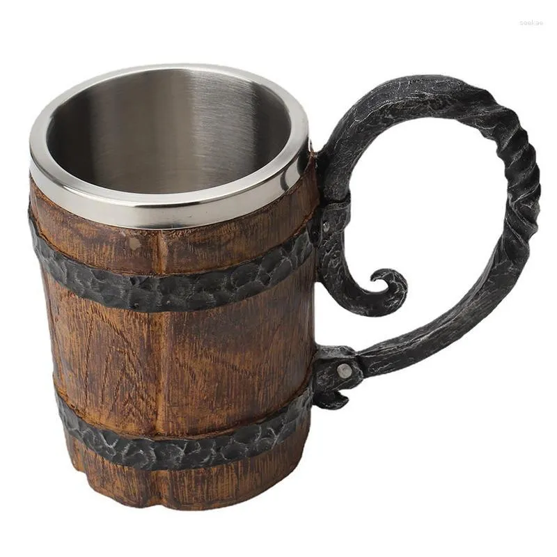 Mugs 550ml Viking Drinking Cup Stainless Steel Wooden Barrel Beer Mug With Handle Outdoor Travel Water Cups For Kitchen Accessories