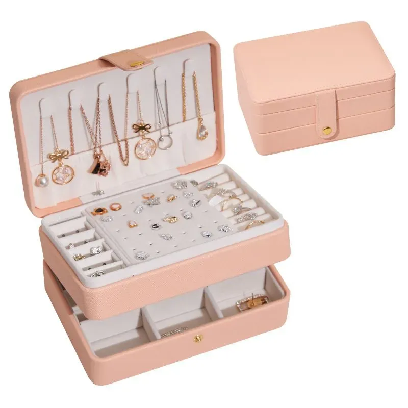 Top große doppelschichtige Schmuckschatulle aus PU-Leder für Halsketten, Ohrringe, Ringe, Schatulle, Make-up-Aufbewahrung, Organizer-Box für Geschenke, 17 x 12 x 8 cm