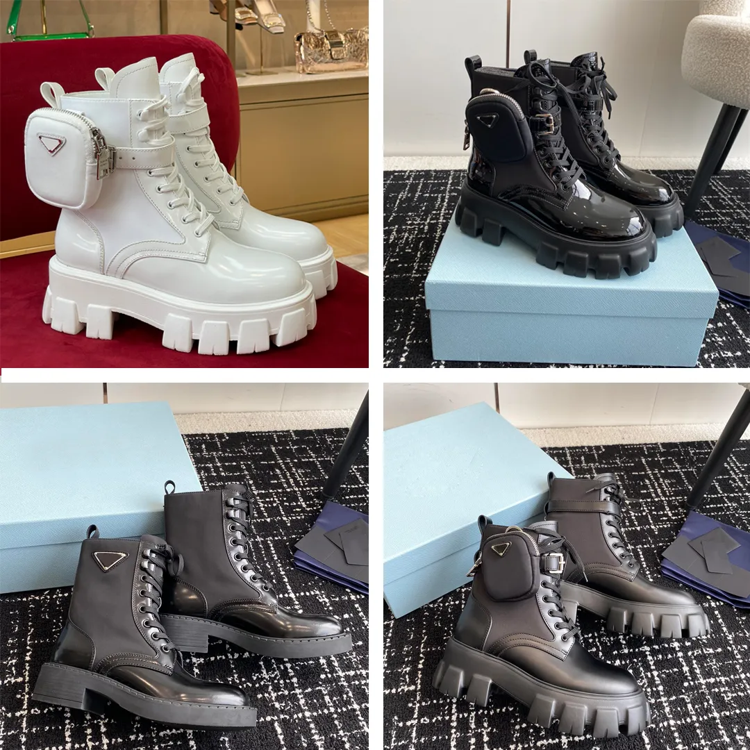 디자이너 Pranda Boots 남자 여자 신발 플랫폼 플랫폼베이스 컴포트 Emed Patent Leather Brand Boots Black Pink Ivory Winter Motorcycle Martin