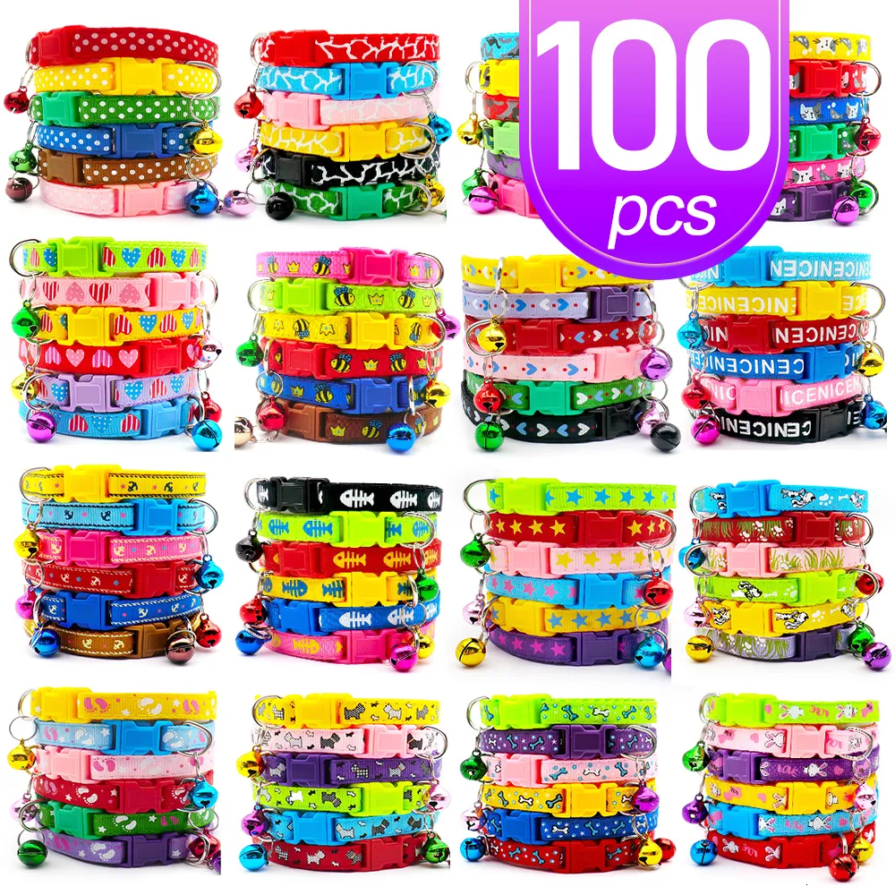 Halsbanden Groothandel 100 stuks kattenhalsband met bel veiligheidskabels voor huisdieren Kraag puppy kitten Kleine verstelbare gespaccessoires 230907