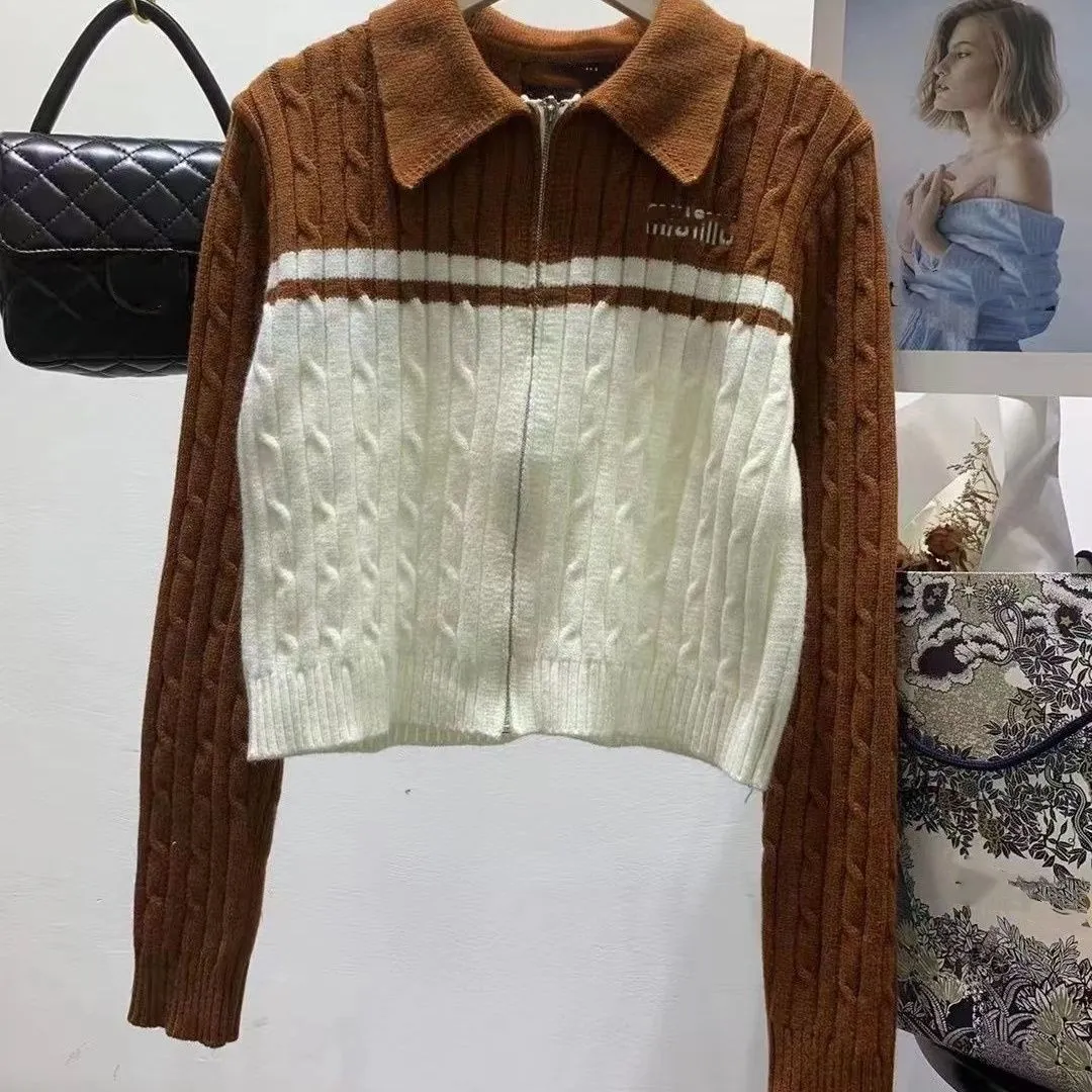 Dames nieuw ontwerp turn-down kraag kleurblok borduursel gebreide trui slanke taille jas SML